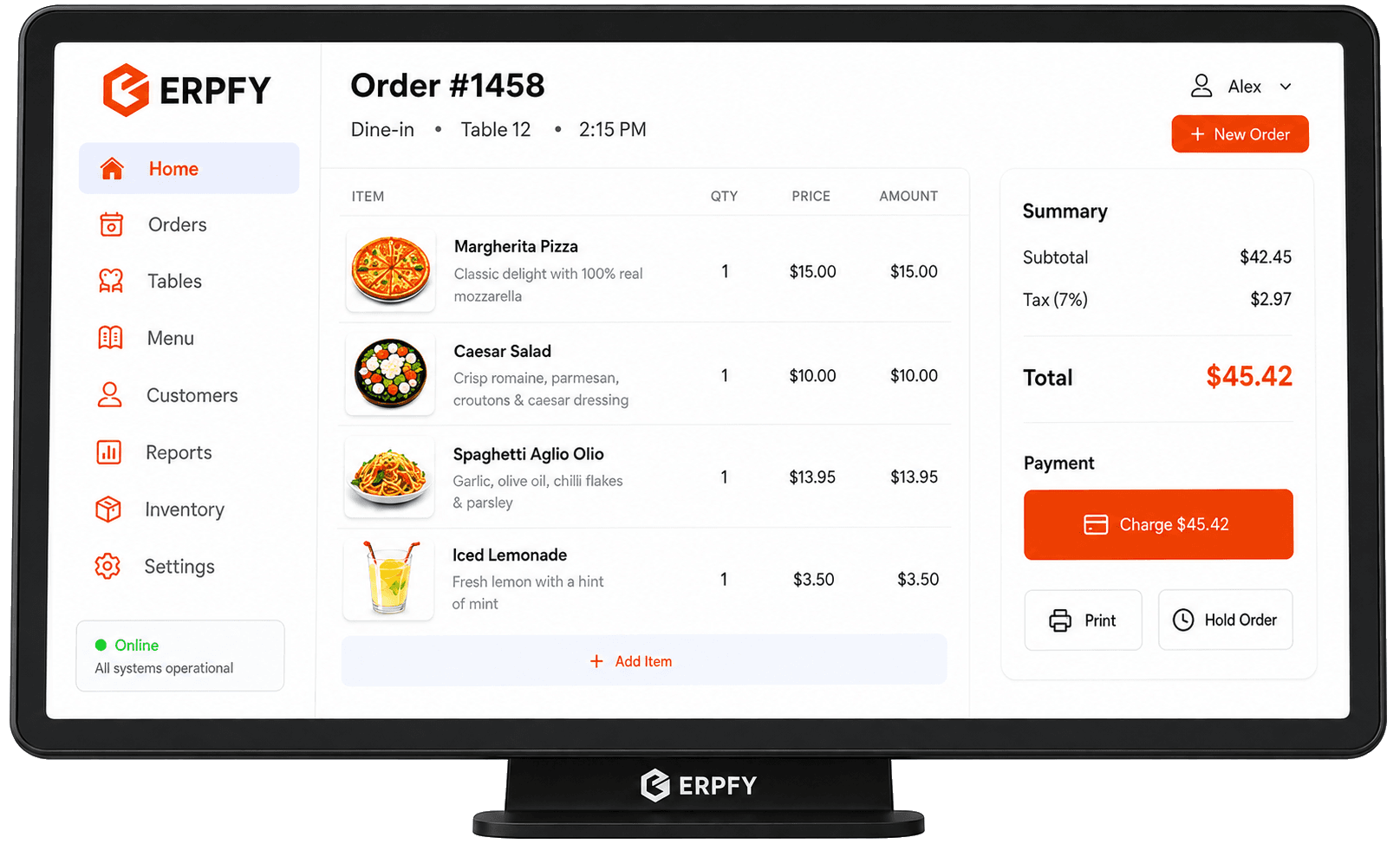 ERPFY point-of-sale display showing a restaurant order