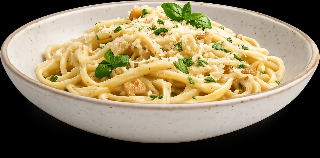 A pasta dish being structured into an Erpfy menu