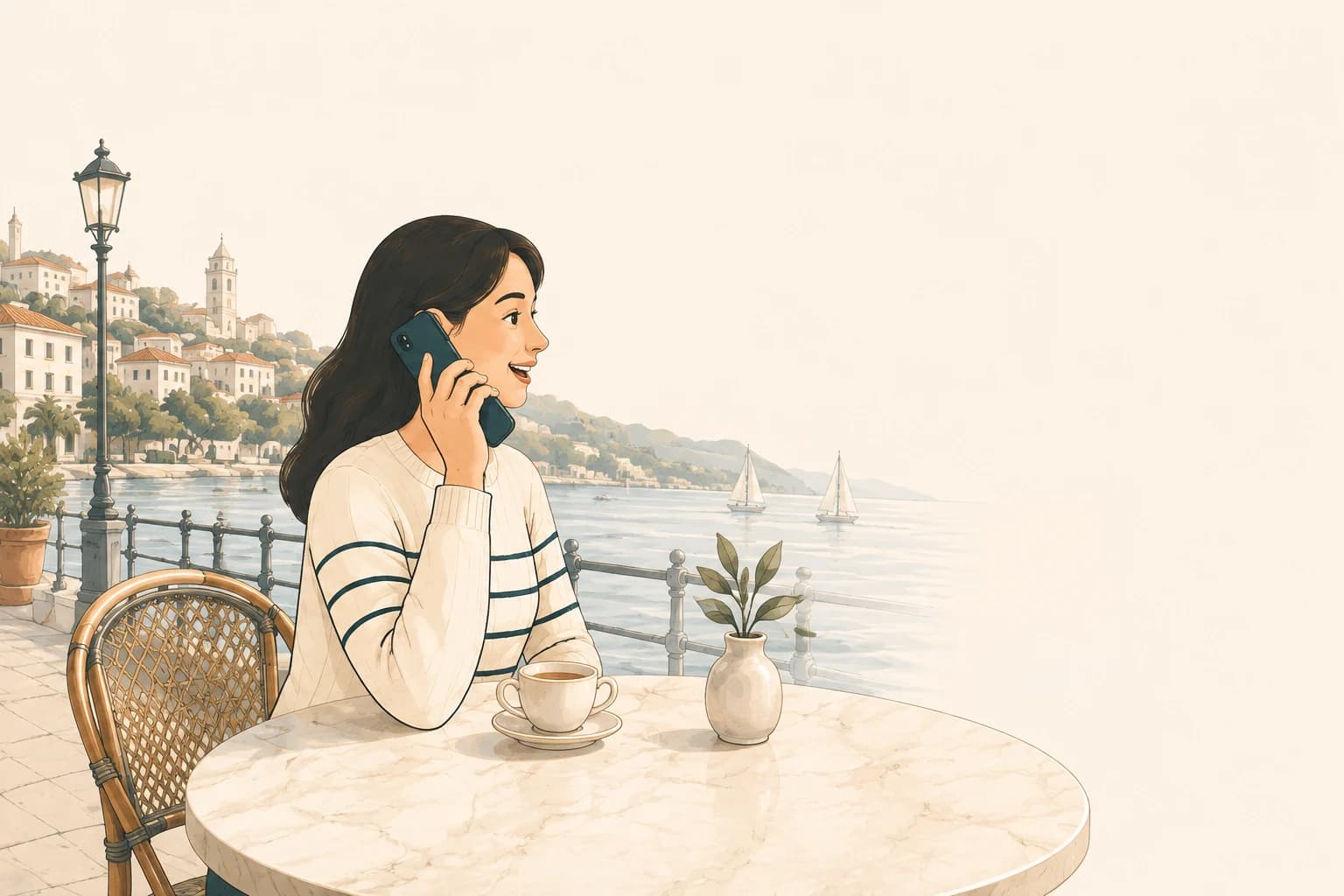 A guest calling the restaurant from a waterfront café
