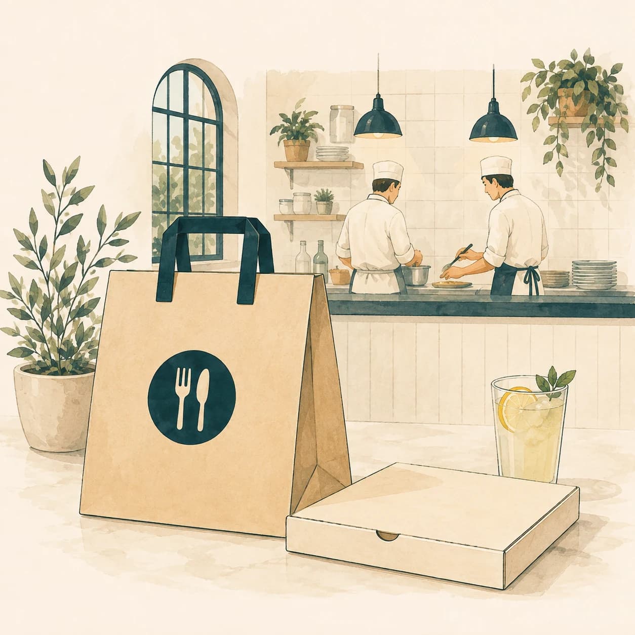 A takeaway bag and pizza box ready at the kitchen pass